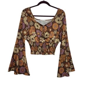 EUC Romwe Cropped Boho Bell Sleeve Floral 70's Retro Top